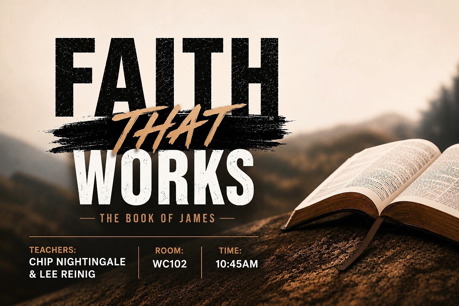 Class graphic: Faith That Works, the Book of James, with an open Bible on a rock at sunset