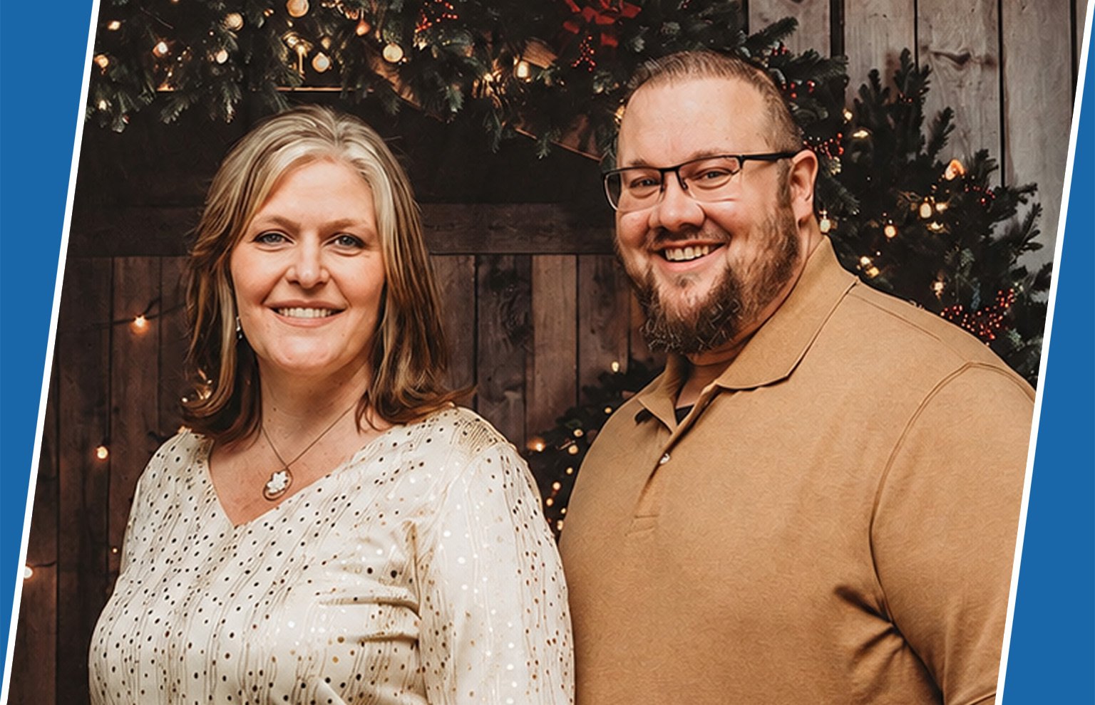 Smiling couple, a woman and a bearded man, posing together